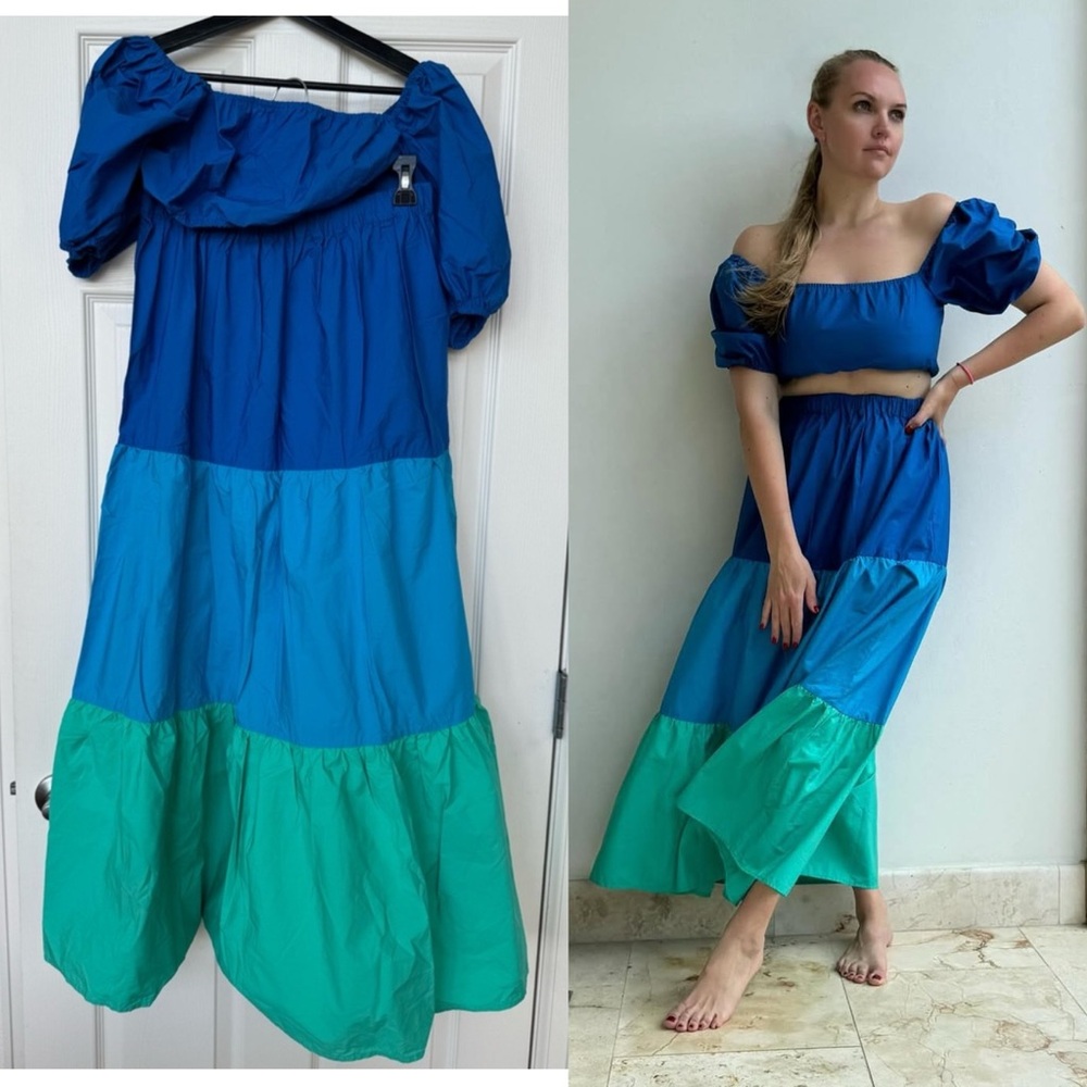 Forever 21 Blue and Green Off-Shoulder skirt set